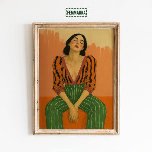 Modern Feminine Wall Art – Bold Woman Art | Striped Outfit Print, Earth Tone Decor