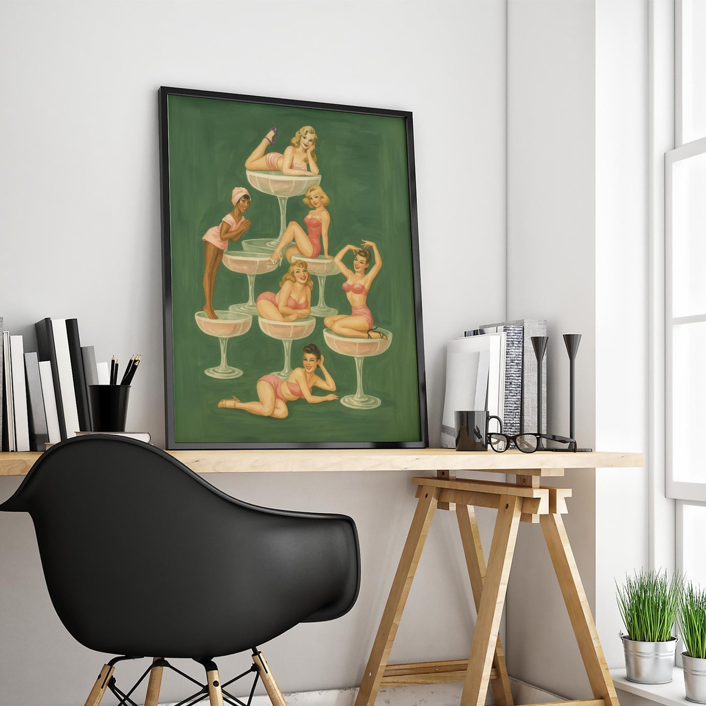 Champagne Tower Poster – Vintage Pinup Art | Playful Feminine Group Print