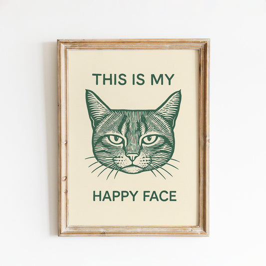 This Is My Happy Face Poster – Funny Cat Wall Art, Minimal Line Drawing Animal Print