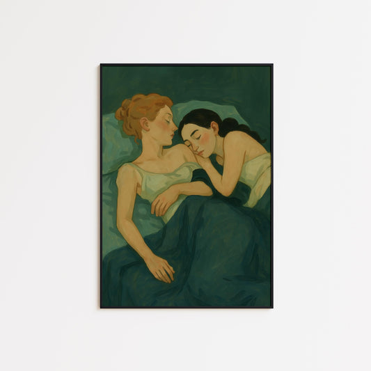 Lesbian Couple Print – Soft Vintage Queer Bedroom Art With Emerald Green Hues