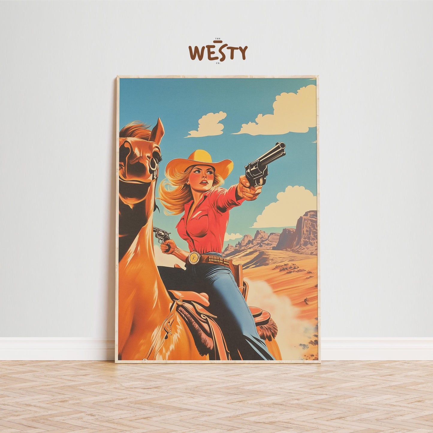 Vintage Cowgirl Poster – Bold Retro Western Woman with Guns