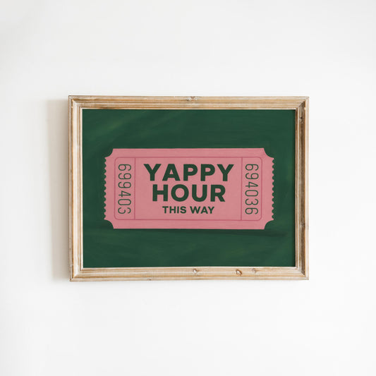 Yappy Hour Poster – Retro Ticket Print | Funny Bar Sign, Pink Green Decor