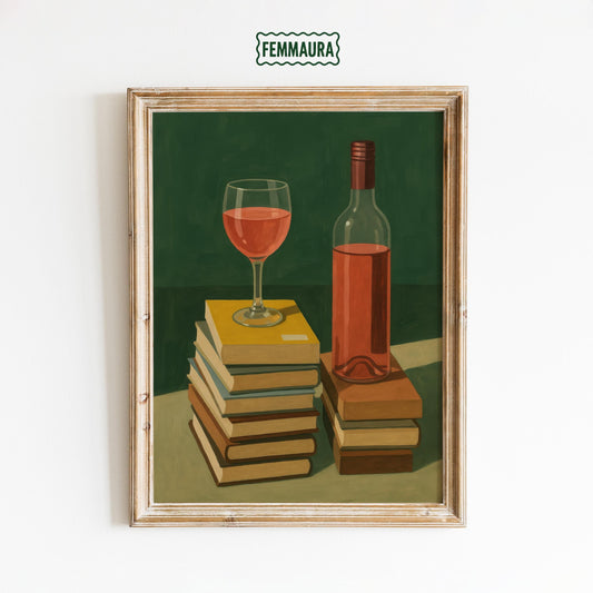 Wine And Books Poster – Cozy Reading Nook Art | Elegant Literary Wall Decor