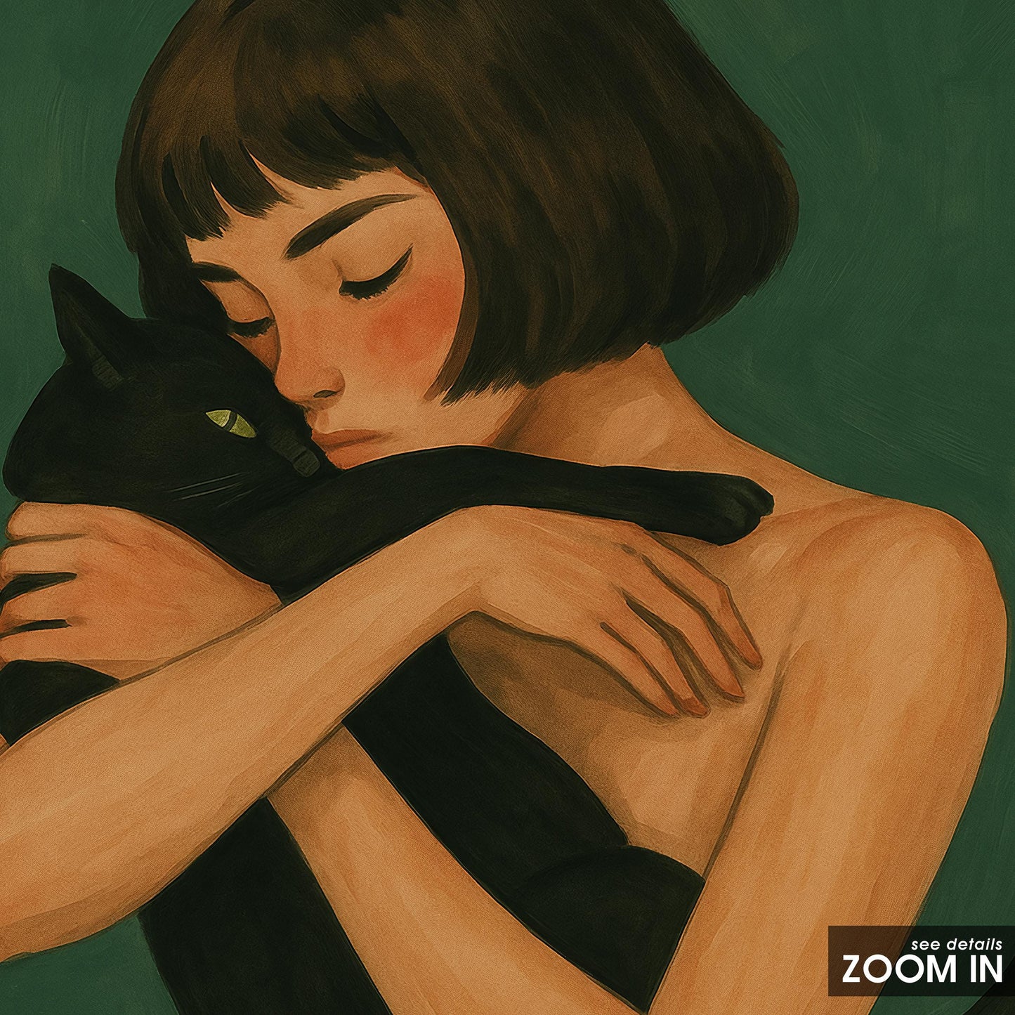 Black Cat Art Print – Minimalist Gouache Digital Cat Illustration for Cozy Bedroom Wall Art