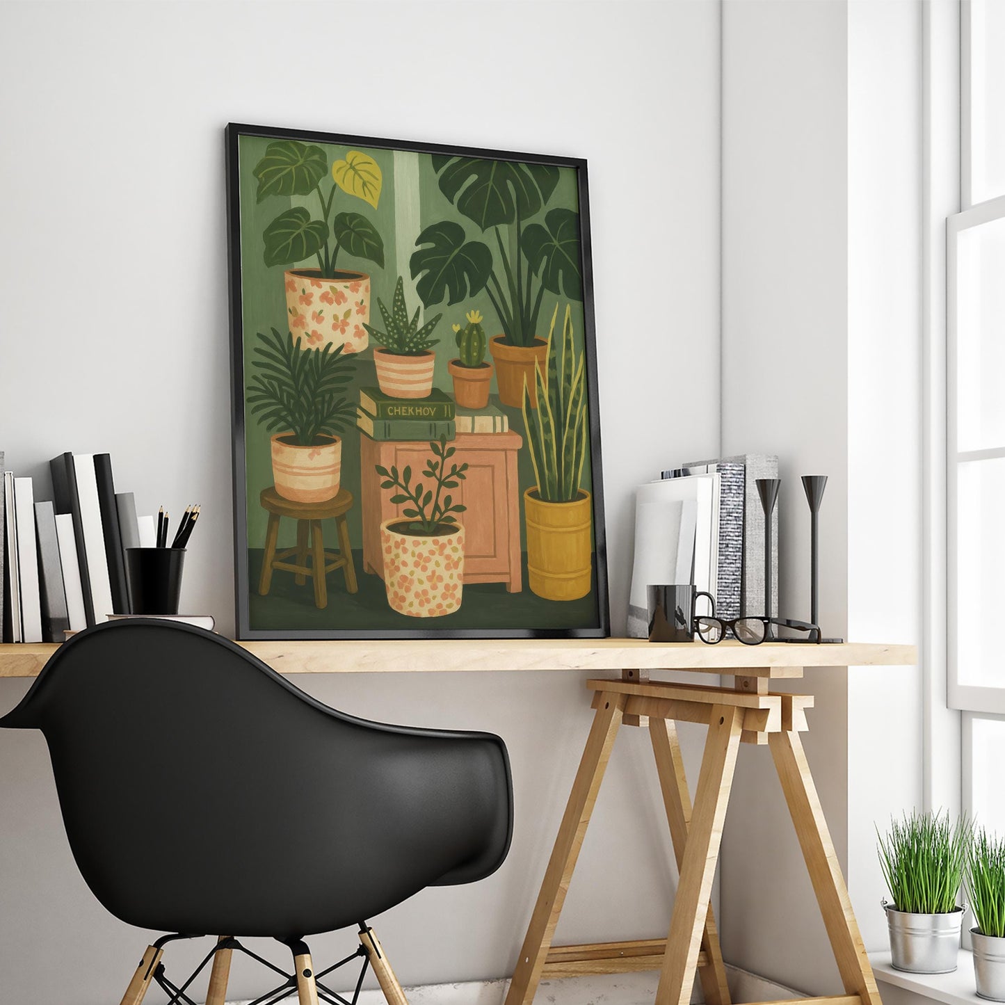 Indoor Plants and Books Poster – Cozy Botanical Still Life Art, Green Plant Corner Wall Decor, Calm Home Aesthetic Print