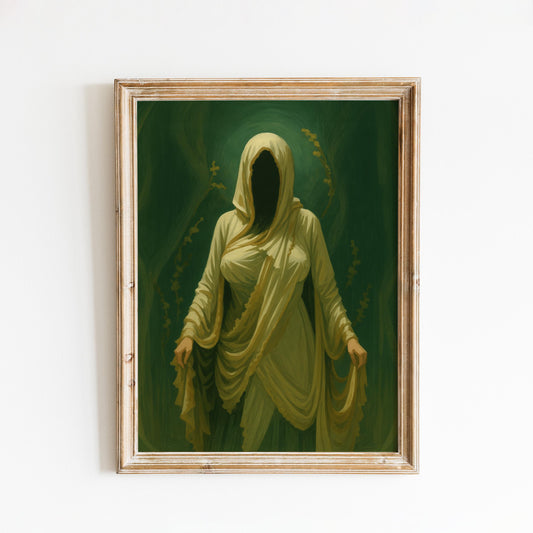 Faceless Hooded Figure Poster – Gothic Mystical Wall Art in Dark Green Tones