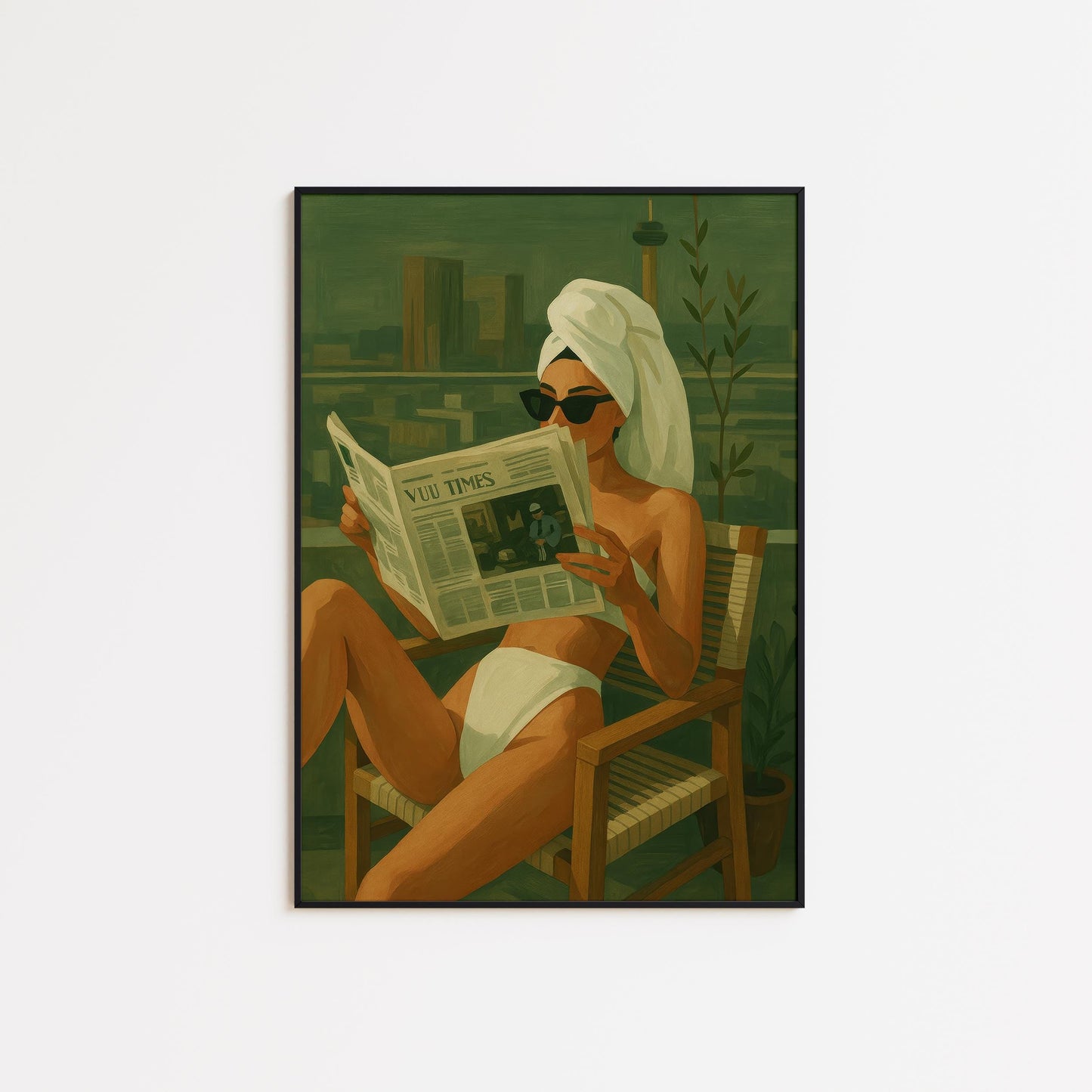 Modern Feminine Wall Art – Urban Balcony Art | Green Cityscape Poster Print