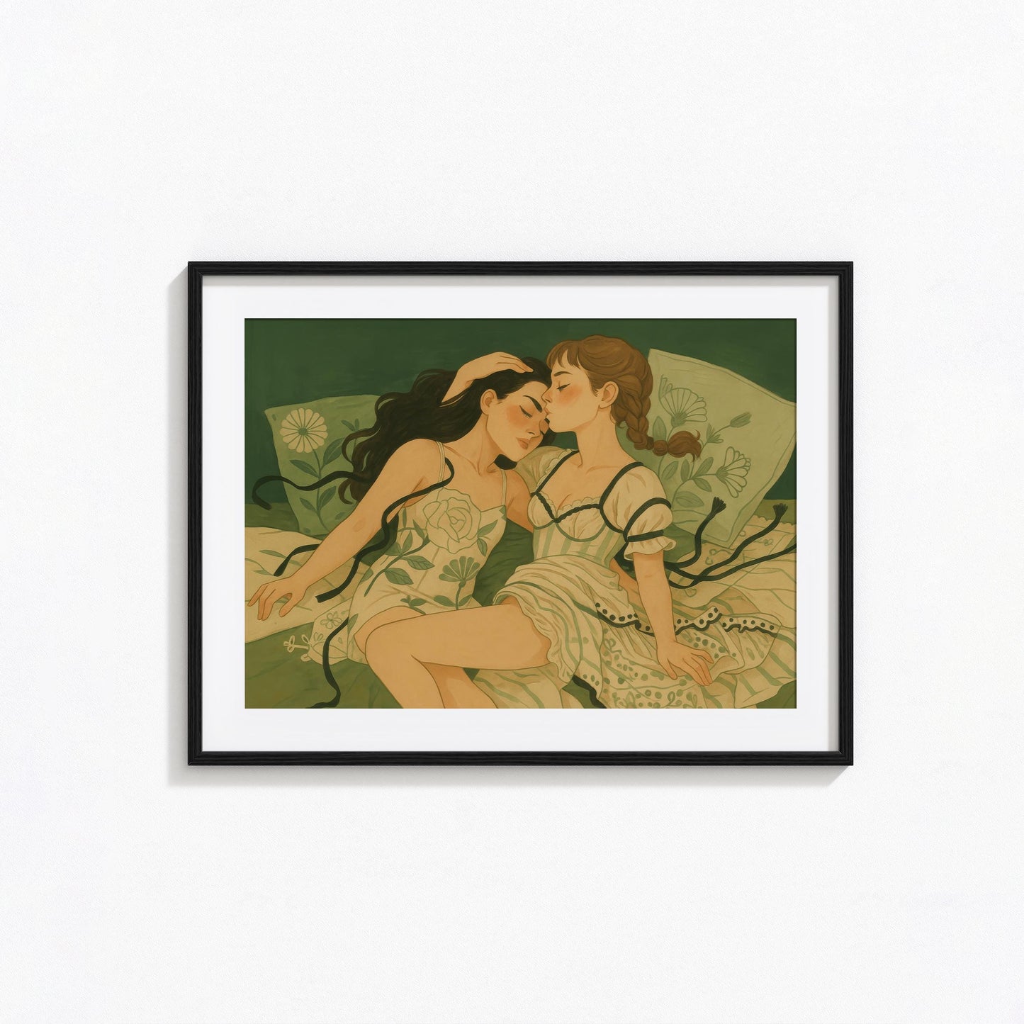 Sapphic Art Print – Tender Lesbian Embrace Floral Bedroom Wall Decor