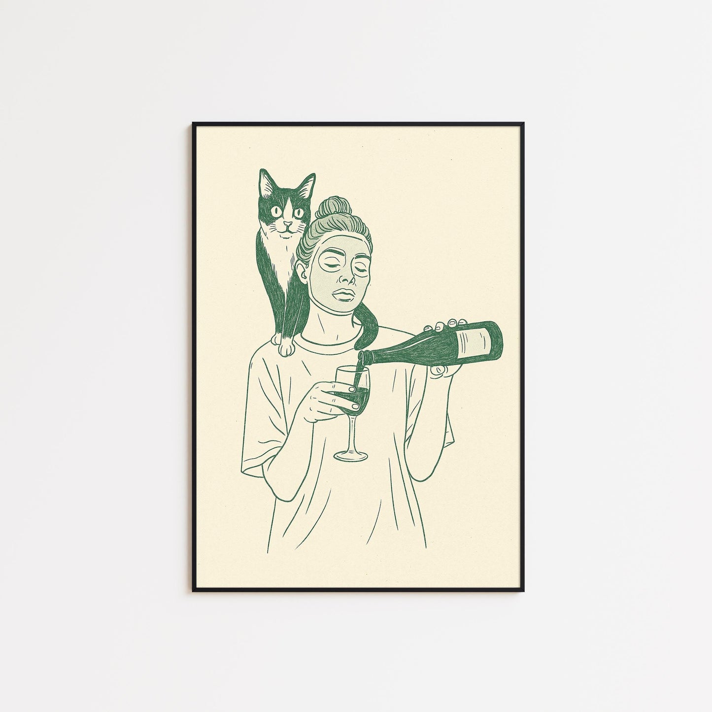 Cat and Wine Line Art Print – Self Care Wall Art, Minimalist Home Decor Poster