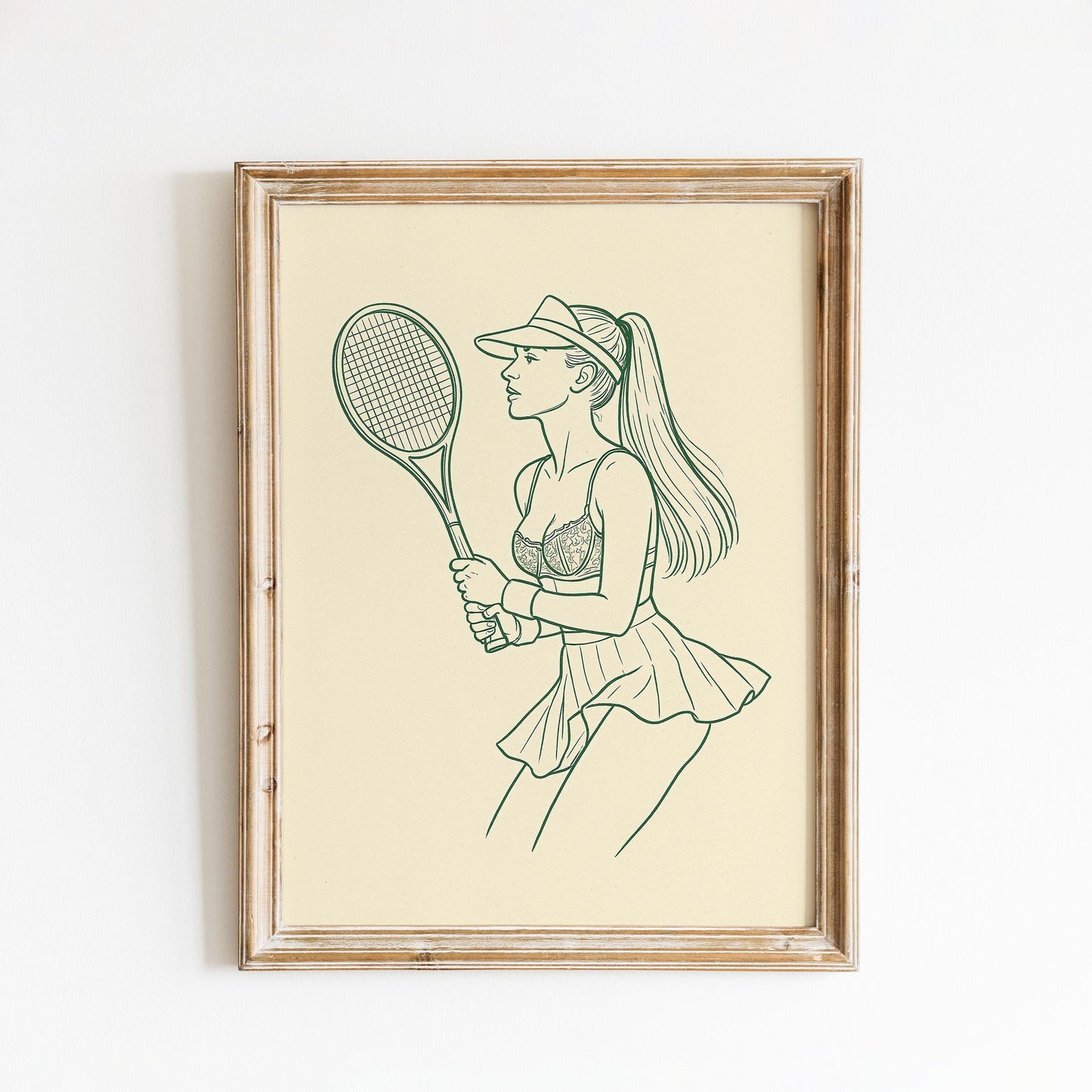 Female Tennis Player Poster – Minimal Vintage Line Art in Green