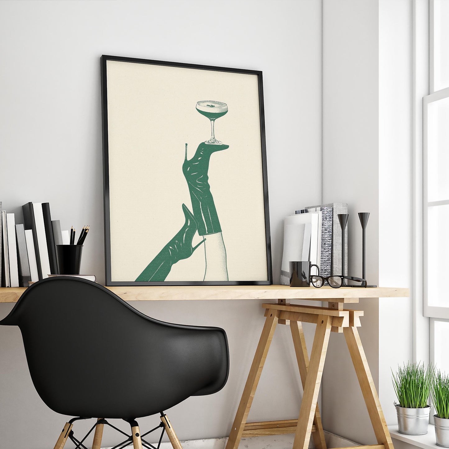 Champagne Balance Poster – Minimal Heels and Cocktail Line Art Print