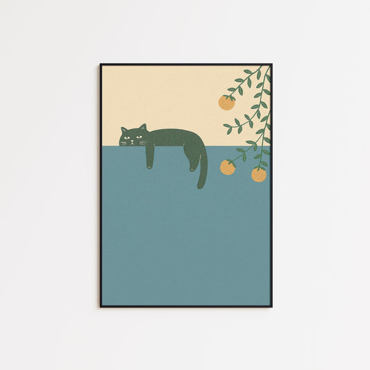 Lazy Summer Cat – Minimal Line Art Poster, Warm Mediterranean Wall Print