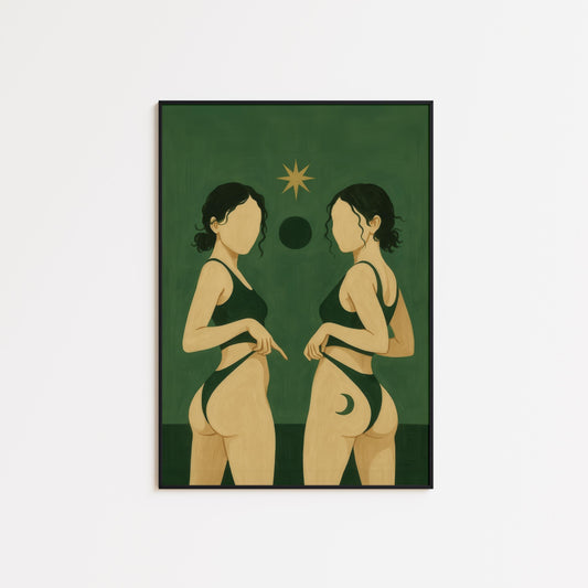 Celestial Sisters Poster – Twin Goddess Art Print | Moon Sun Print
