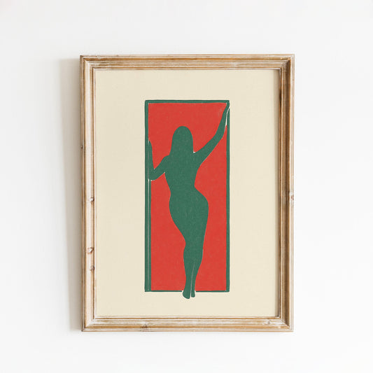 Minimal Female Silhouette Poster – Bold Abstract Wall Art, Red & Green Modern Print