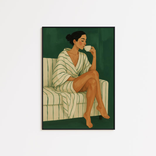 Calm Feminine Art Print – Morning Ritual Artwork | Striped Robe Wall Art