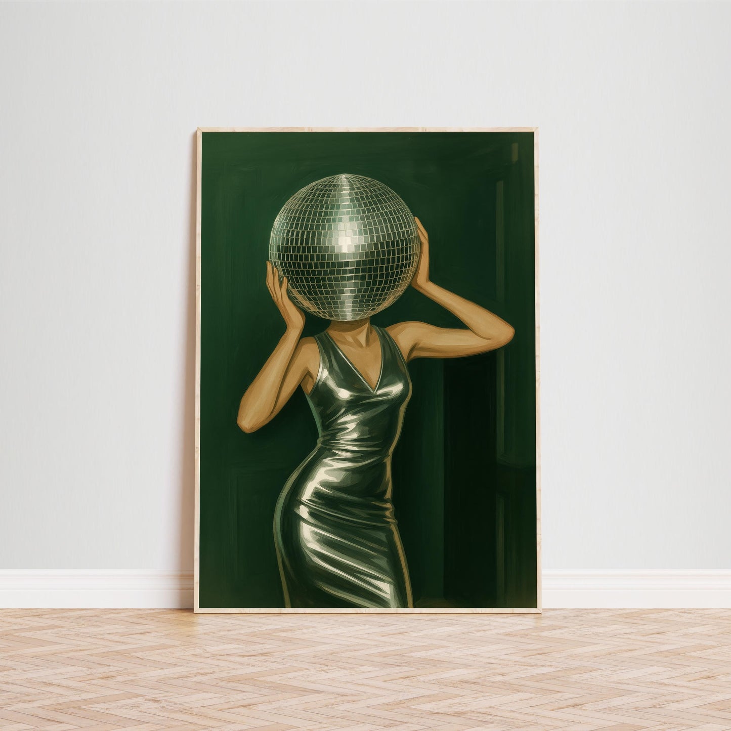 Disco Ball Poster – Retro Party Art with Metallic Dress & Green Background Print