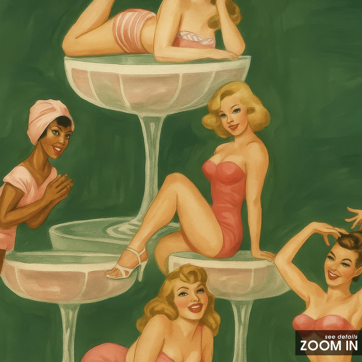 Champagne Tower Poster – Vintage Pinup Art | Playful Feminine Group Print