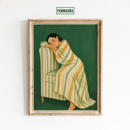 Striped Chair Girl Poster – Calm Resting Art | Green Yellow Decor & Cozy Wall Print
