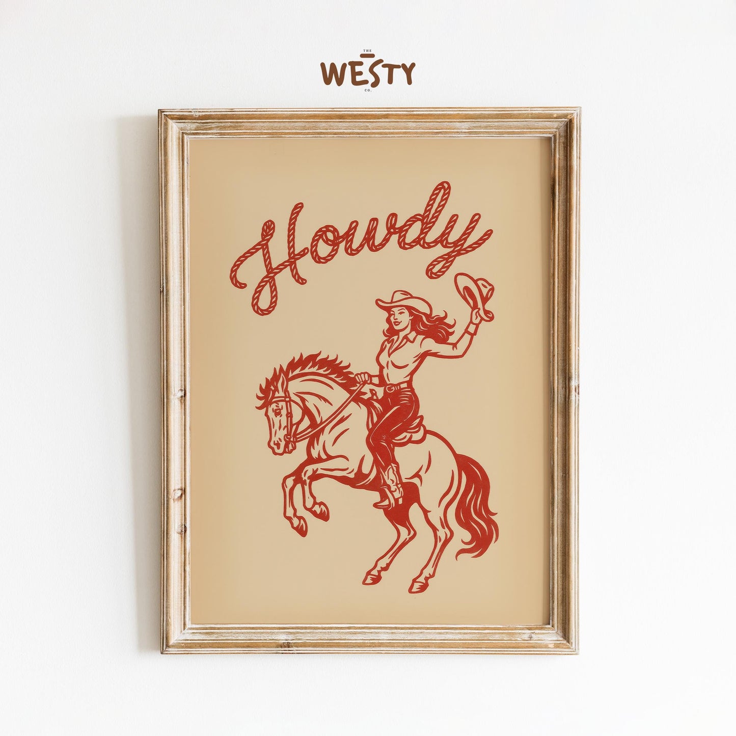Howdy Cowgirl Wall Art – Vintage Western Female Rider Print in Red