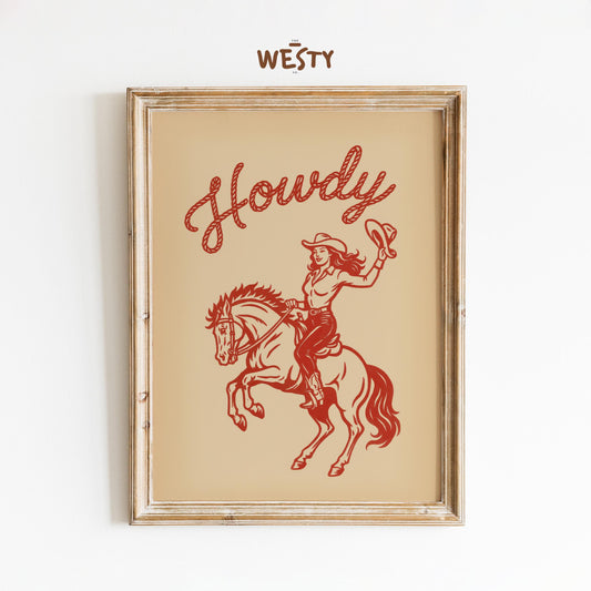 Howdy Cowgirl Wall Art – Vintage Western Female Rider Print in Red