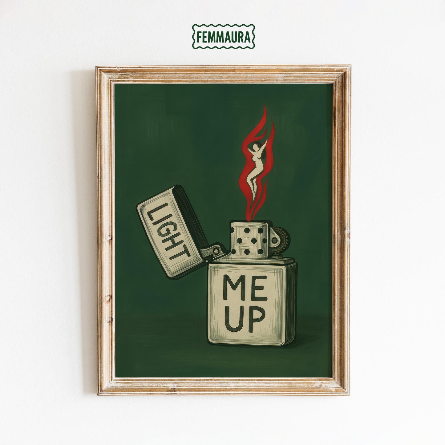 Retro Lighter Art Print – Bold Green Wall Decor With Flame Woman Illustration