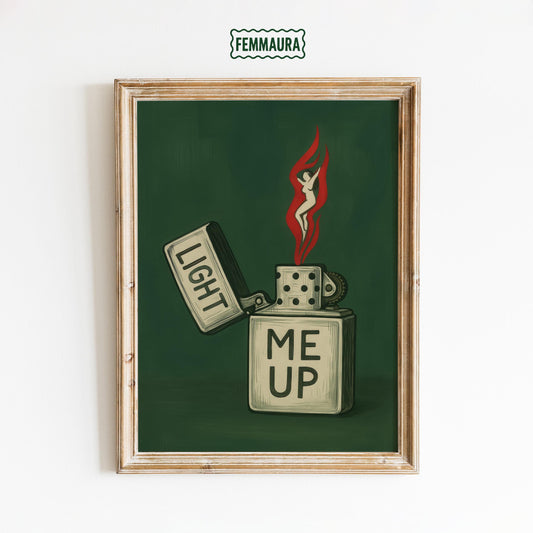 Retro Lighter Art Print – Bold Green Wall Decor With Flame Woman Illustration