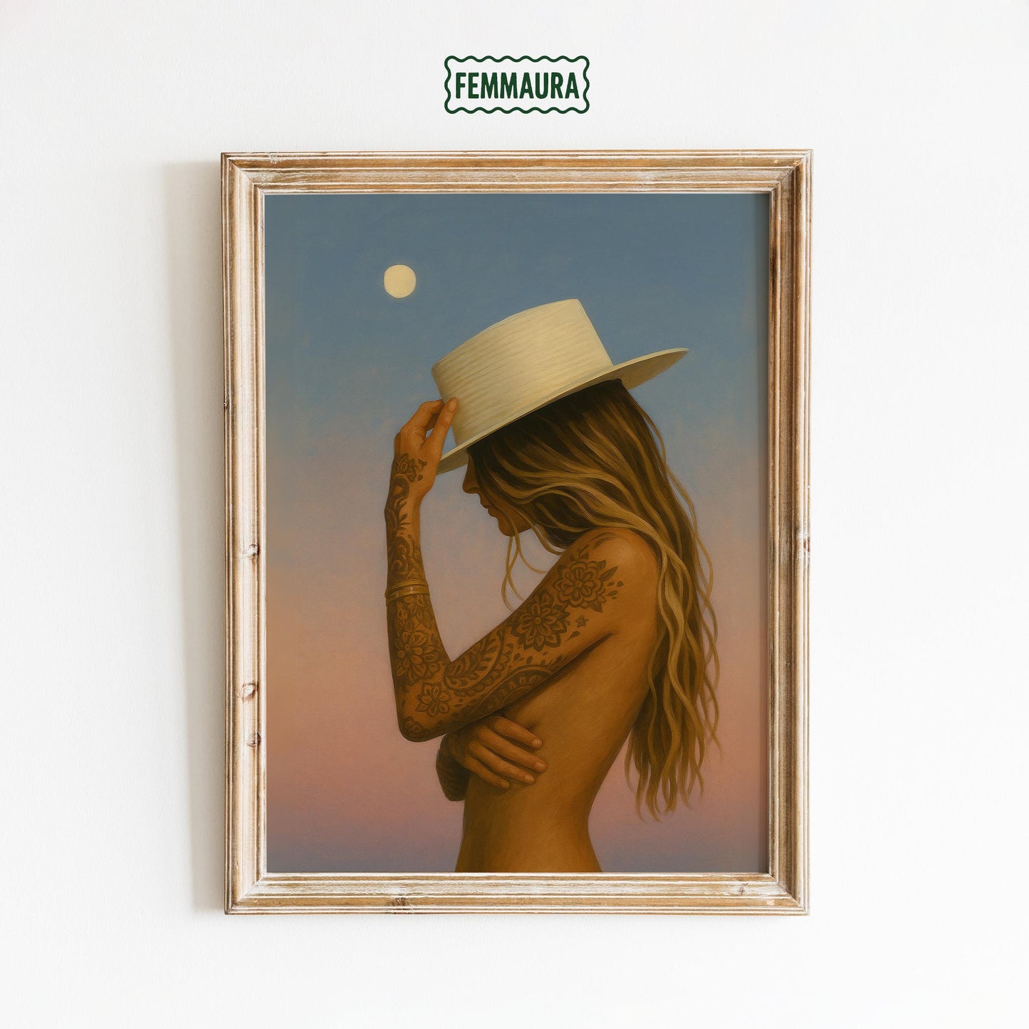Boho Western Wall Art – Tattoo Woman Poster | Moonlight Desert Sunset Print