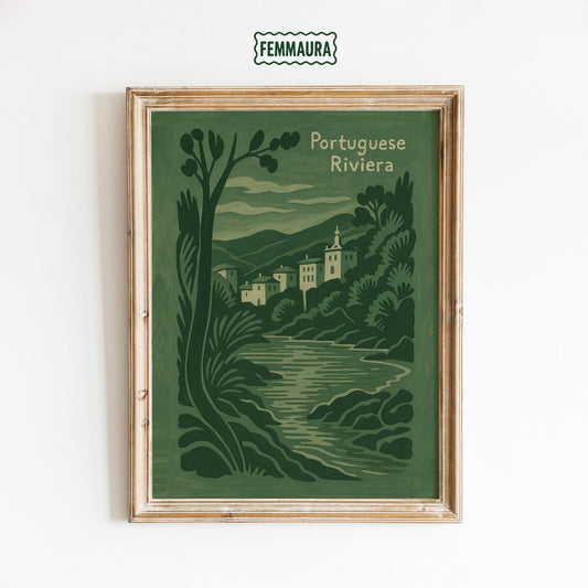 Portuguese Riviera Poster – Vintage Coastal Wall Art | Olive Green Mediterranean Decor