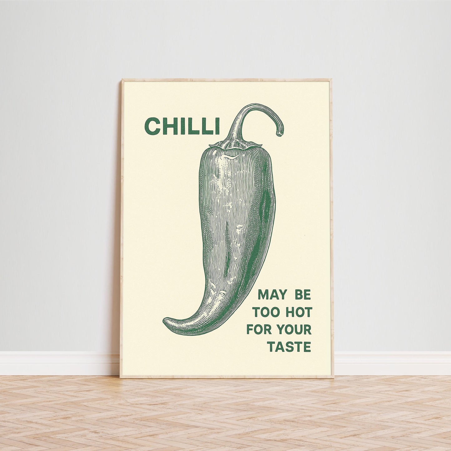 Chilli Poster – Vintage Green Pepper Print – Spicy Kitchen Wall Art – Retro Food Illustration