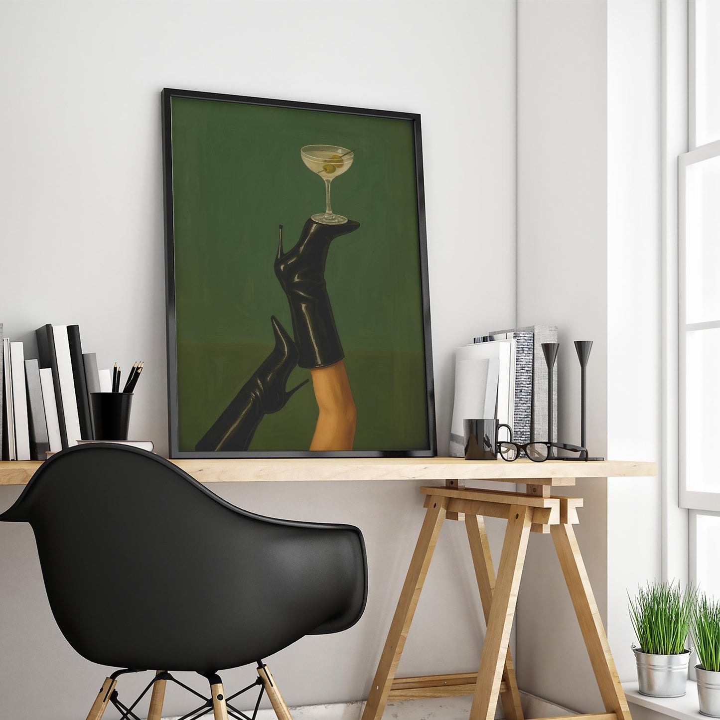 Feminine Cocktail Poster – Moody Wall Art | High Heel Print & Espresso Martini