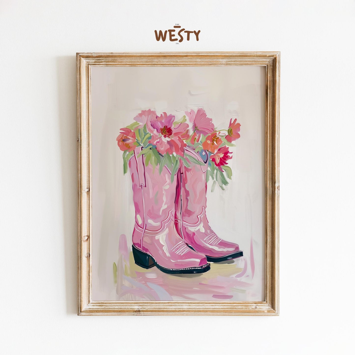 Pink Cowgirl Boots with Flowers – Feminine Western Wall Art Print