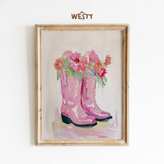 Pink Cowgirl Boots with Flowers – Feminine Western Wall Art Print