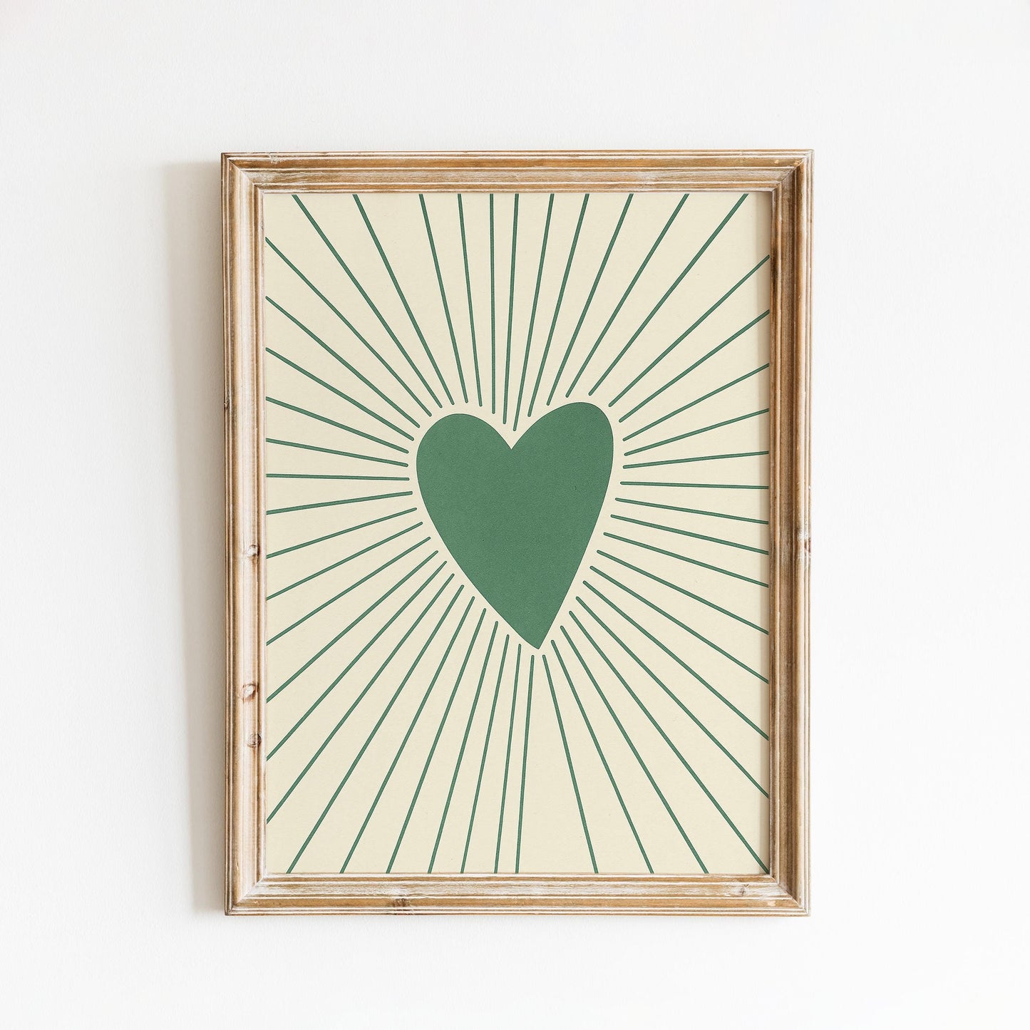 Green Heart Rays Poster – Minimal Love Wall Art with Retro Lines