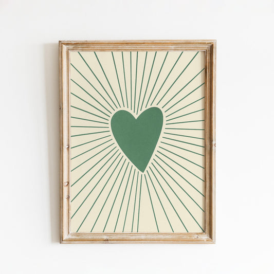Green Heart Rays Poster – Minimal Love Wall Art with Retro Lines