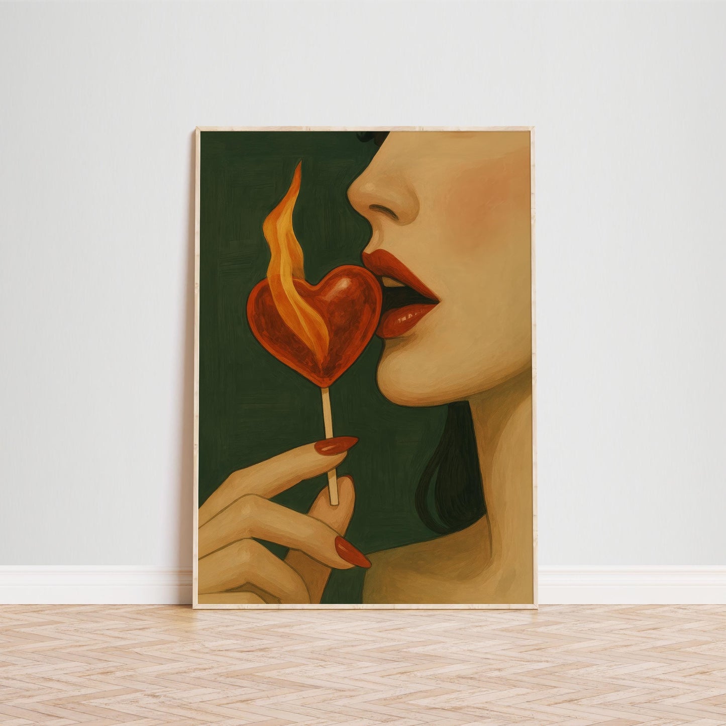 Sensual Lips Print – Heart Lollipop Art | Fiery Wall Art | Bold Feminine Decor