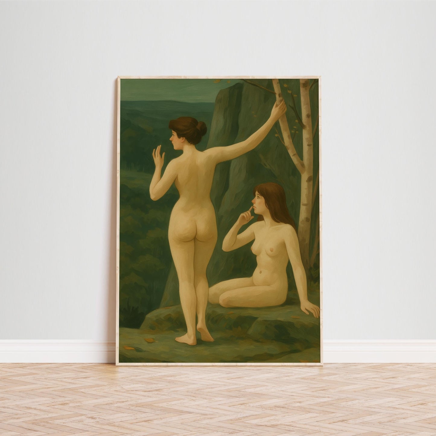 Forest Nudes Poster – Feminine Nature Art With Earthy Green Tones & Pastoral Scene