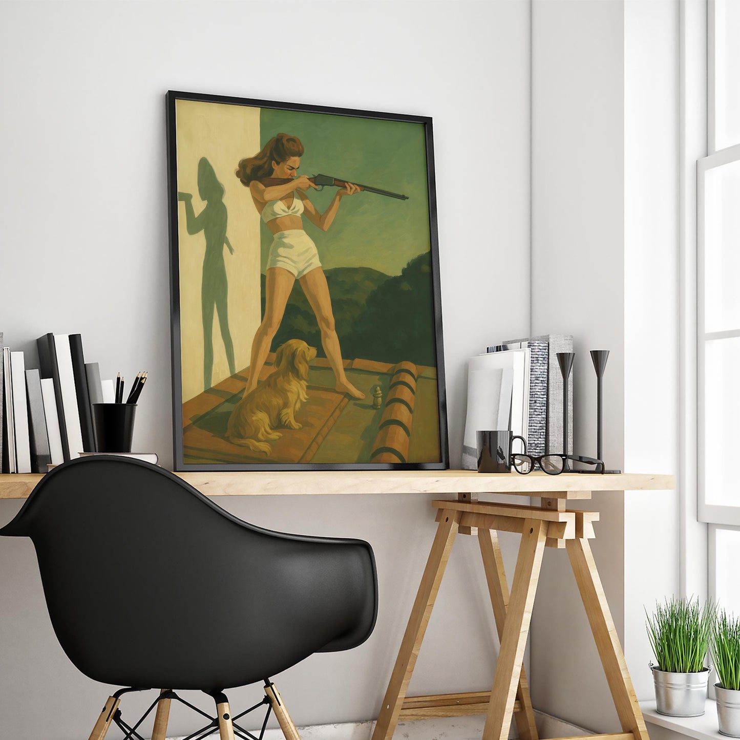 Retro Woman Rifle Poster – Feminine Power Art | Green Tone Wall Art