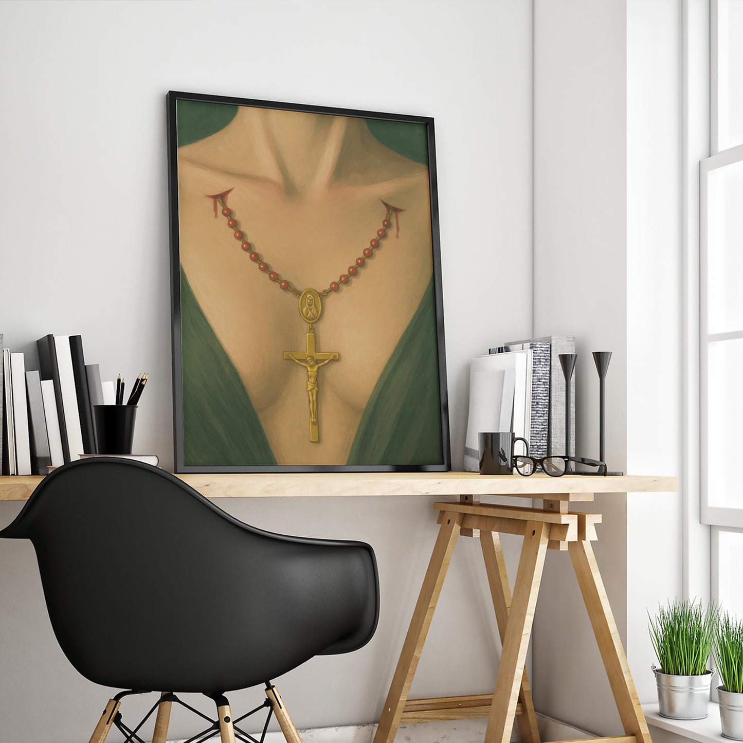 Provocative Religious Art – Rosary Art Print with Gold Crucifix and Sensual Gothic Imagery