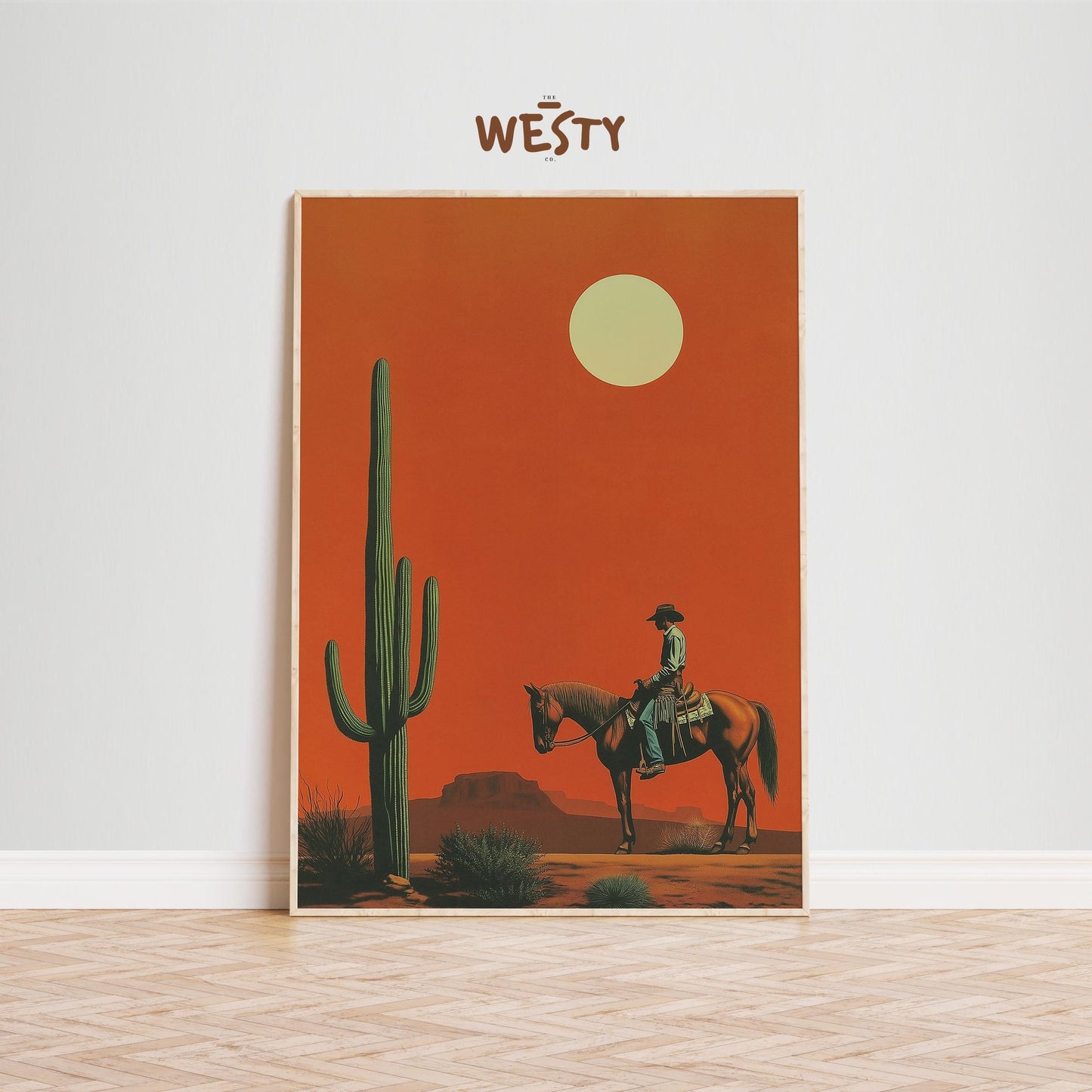 Cowboy and Cactus Poster – Western Desert Sunset Print