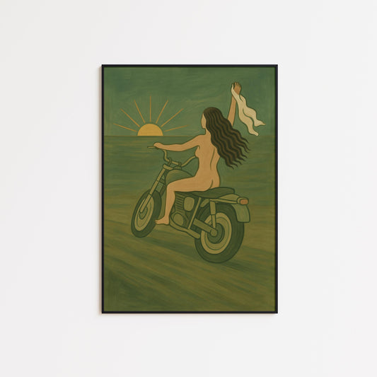 Motorcycle Sunset Poster – Nude Woman Artwork | Retro Biker Wall Decor