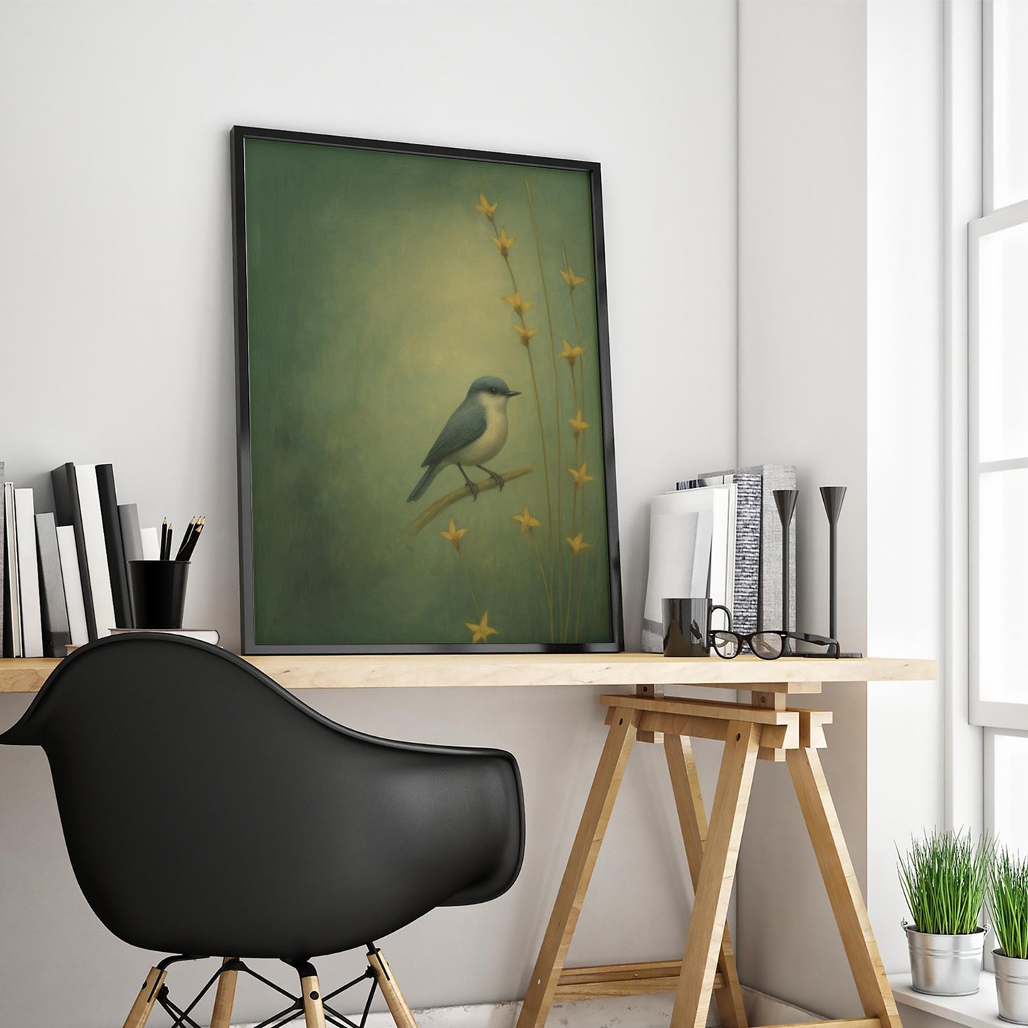 Moody Green Wall Art – Serene Bird Wall Print With Yellow Flower Art