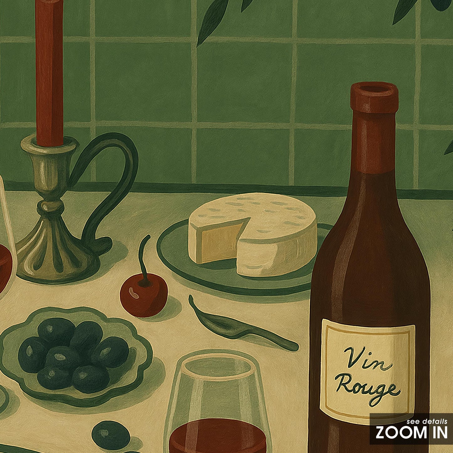 Vin Rouge Poster – French Kitchen Art With Retro Dining Scene & Olive Green Decor
