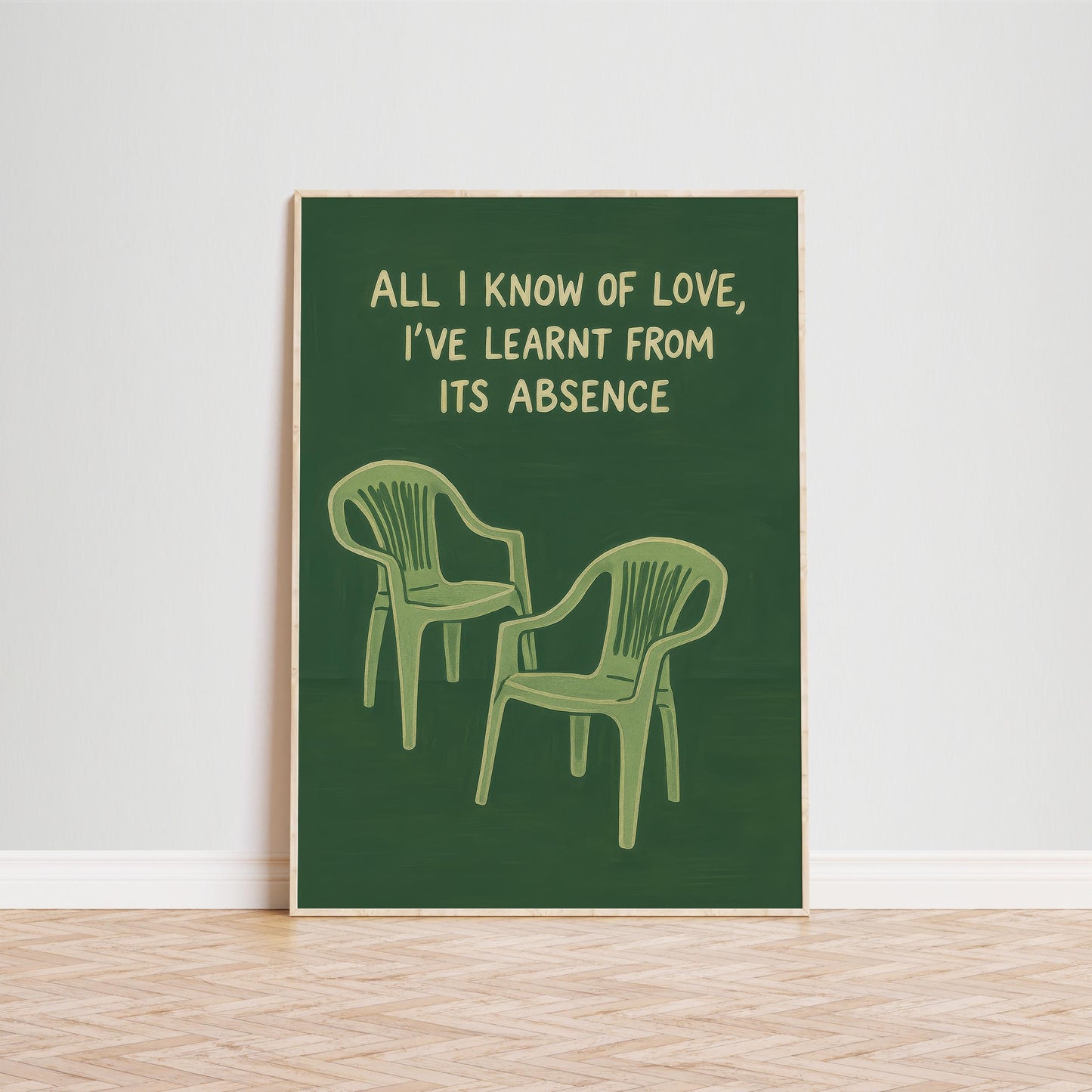 Minimalist Green Wall Art – Plastic Chair Poster With Poetic Love Quote Print