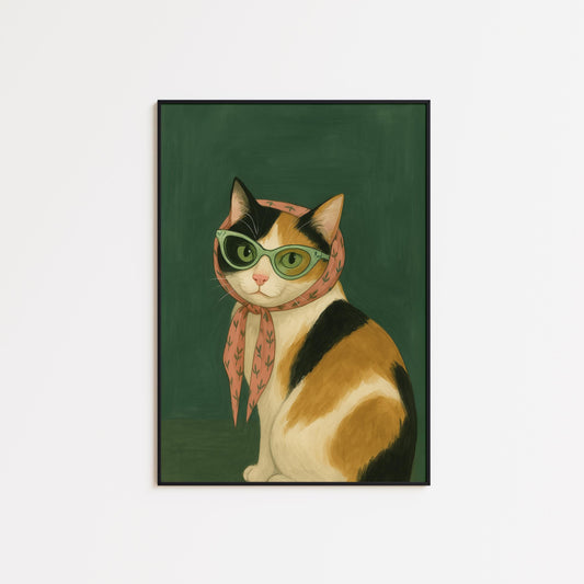 Retro Cat Poster – Vintage Calico Cat Wall Art With Stylish Pink Scarf