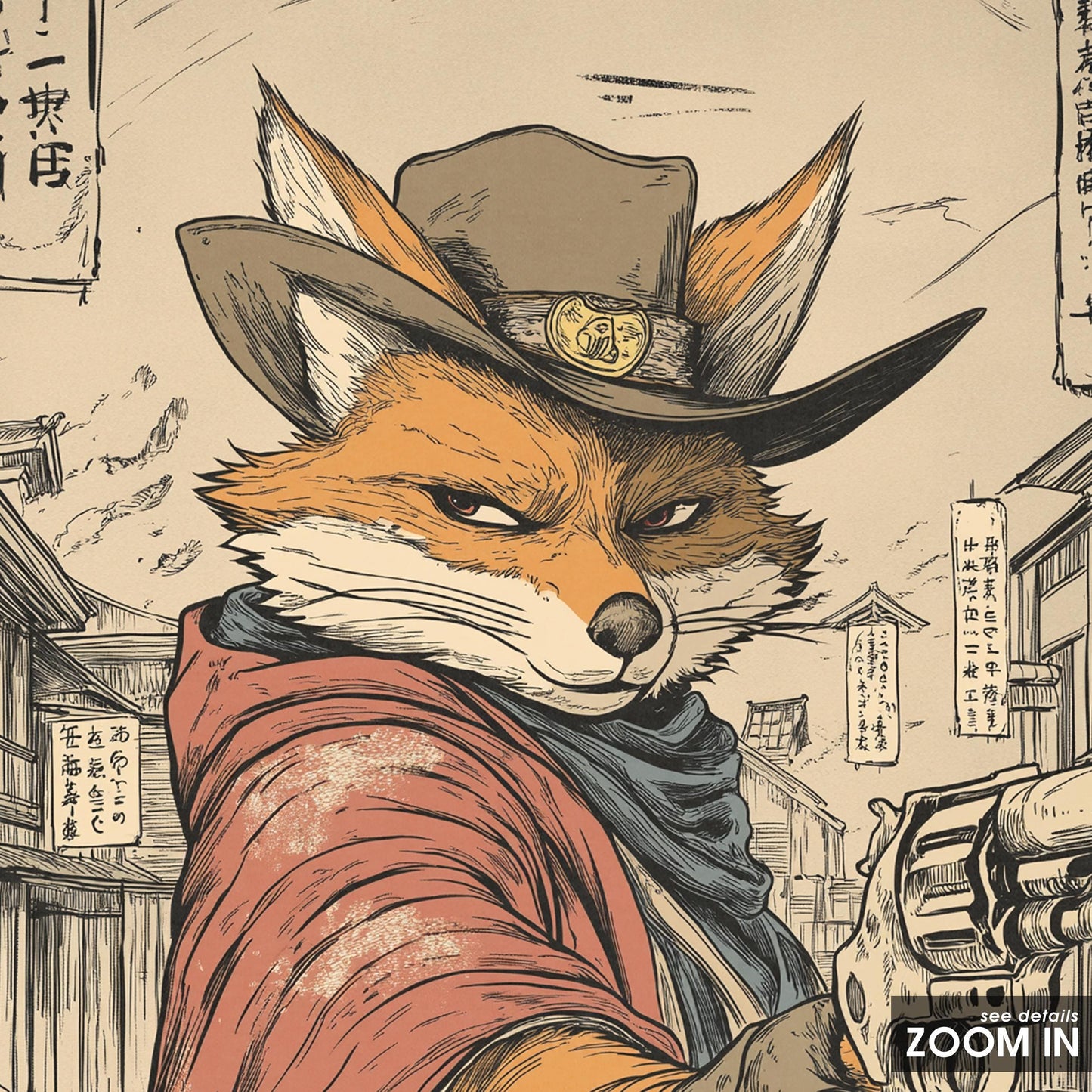 Fox Gunslinger Poster – Wild West Samurai Town Mashup Wall Art