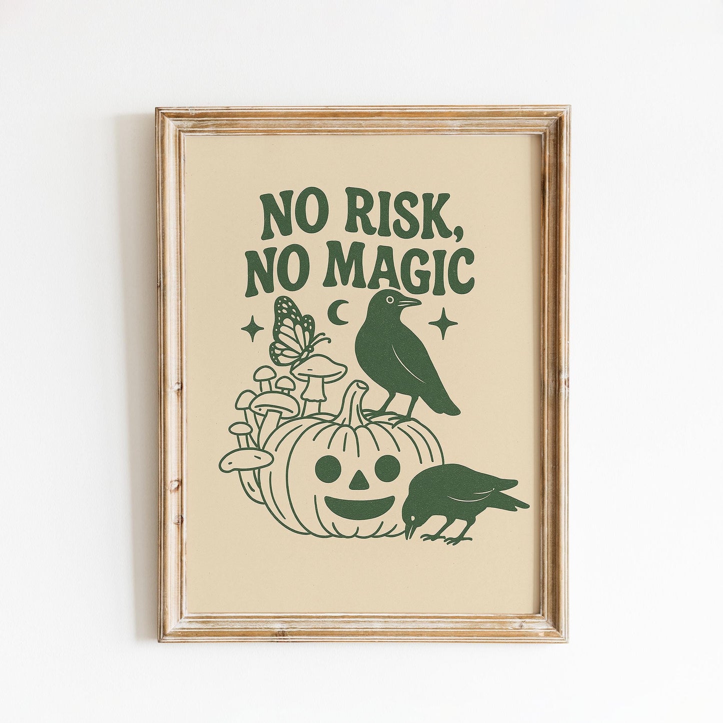 No Risk No Magic – Witchy Minimal Poster, Crow and Pumpkin Wall Art