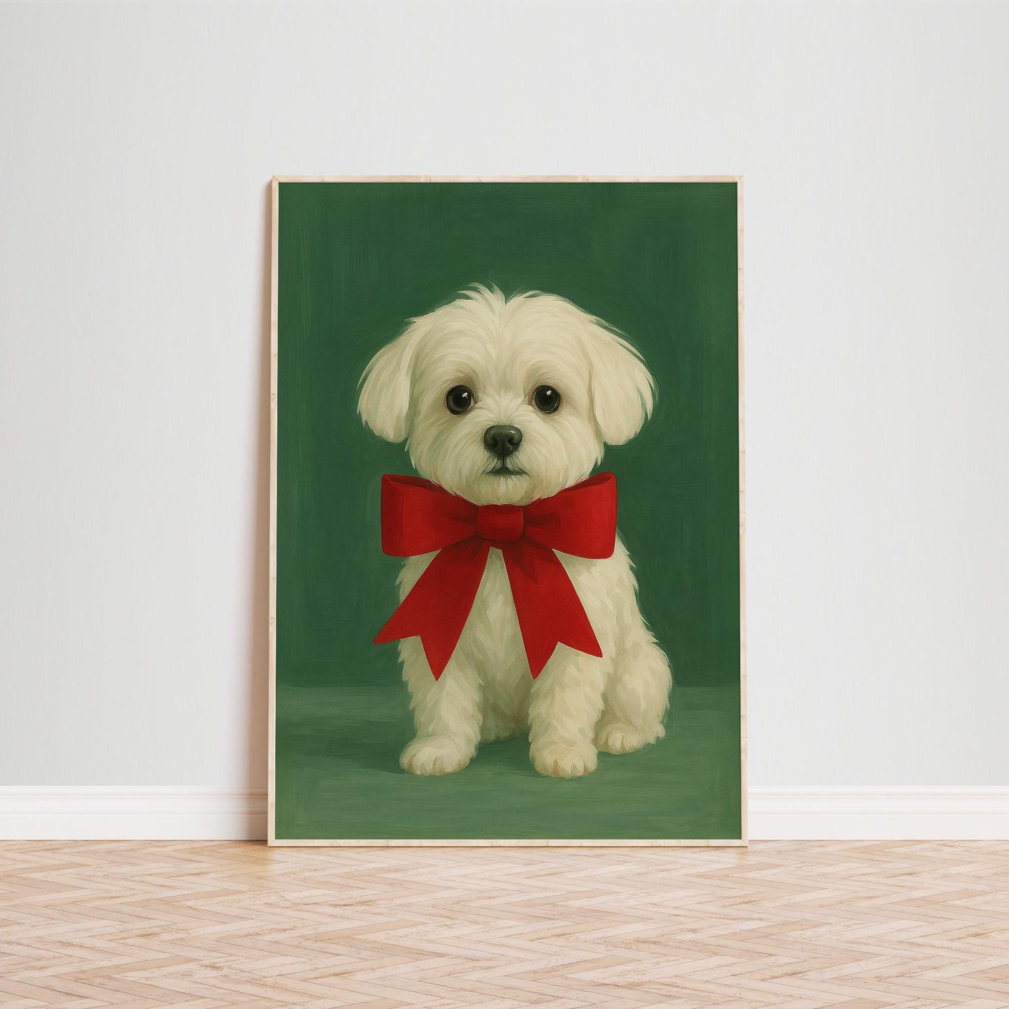 Christmas Puppy Poster – Cute Holiday Dog Art with Red Bow and Cozy Decor