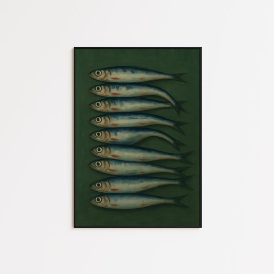 Dark Sardine Poster – Rustic Coastal Kitchen Print | Nautical Wall Decor