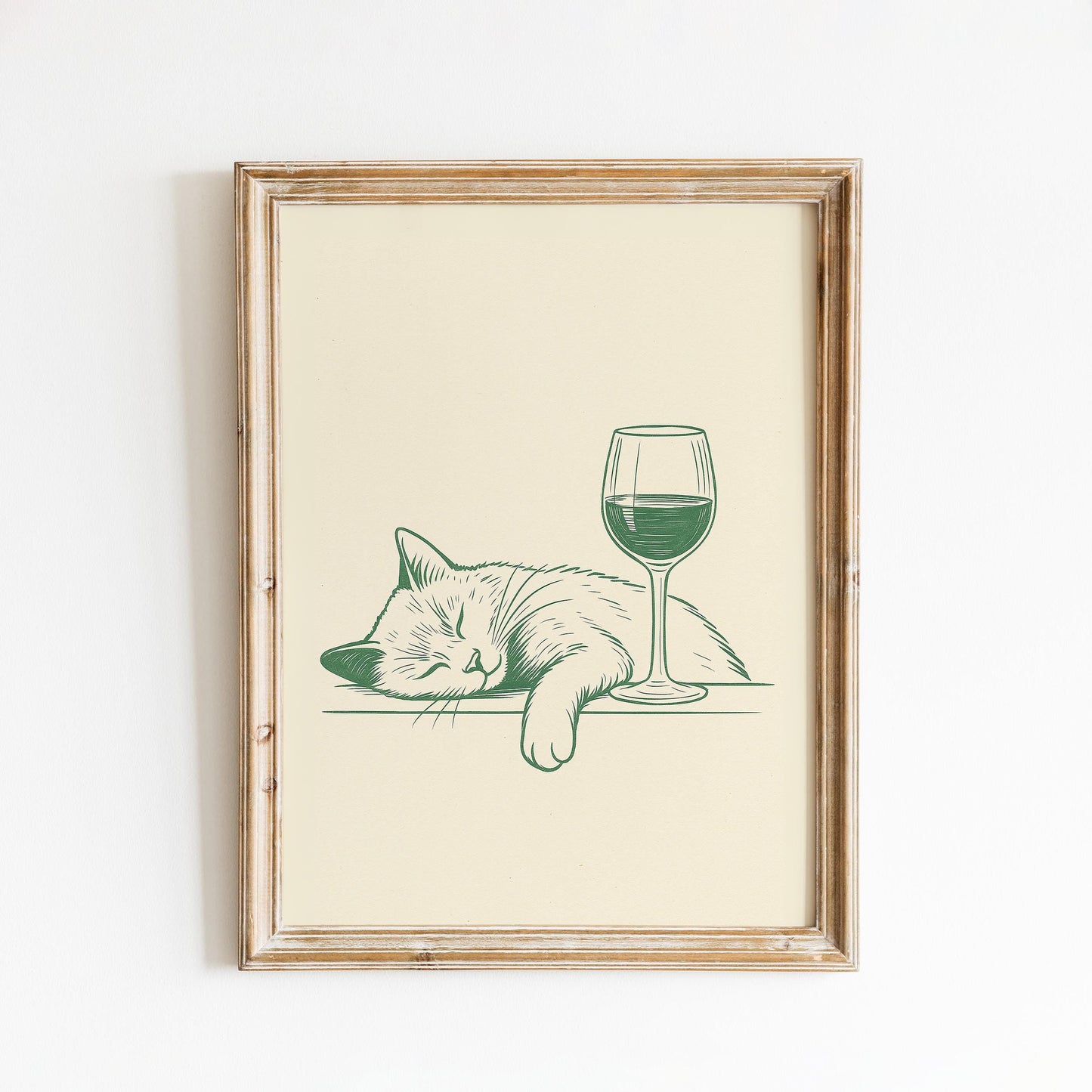 Cat and Wine Poster – Funny Minimalist Line Art, Cozy Retro Wall Art for Home