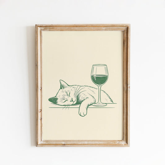 Cat and Wine Poster – Funny Minimalist Line Art, Cozy Retro Wall Art for Home
